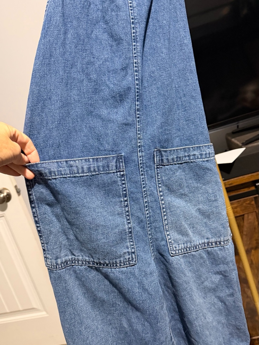 Free People Blue Denim Wide Leg Relaxed Overalls with Red Scarf Straps - Picture 2 of 6